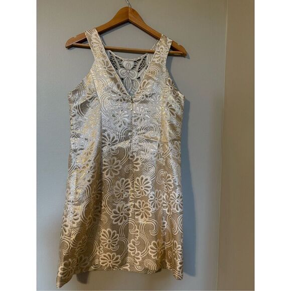 Lilly Pulitzer Size 10 Largo Shift Dress Gold Metallic Flower Jacquard Cocktail - Picture 9 of 15